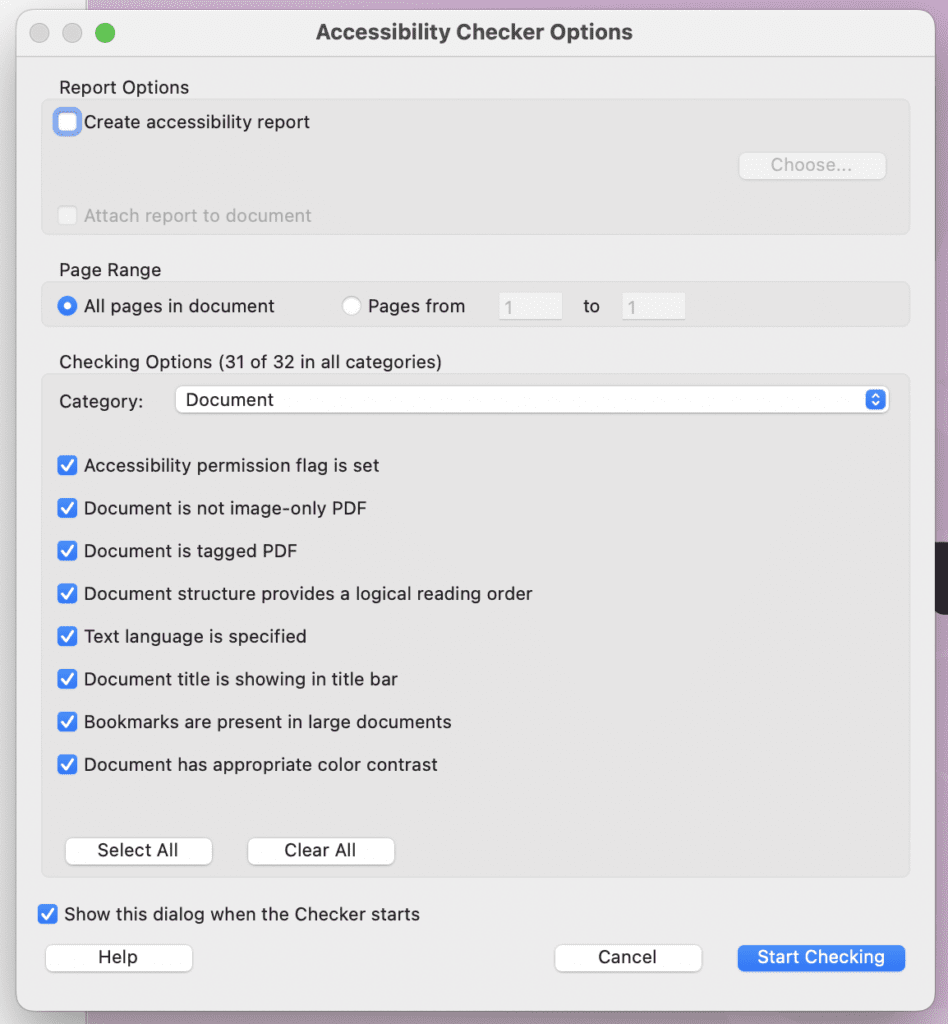 The Accessibility Checker Options in Adobe Acrobat with all boxes ticked aside from 'Create accessibility report.'
