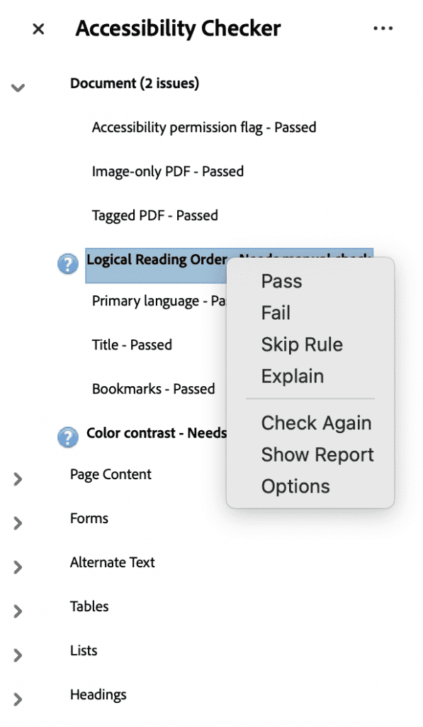 Adobe Acrobat's 'Accessibility Checker,' with a menu selected over 'Logical Reading Order.' The options allow you to fix and explain any accessibility issues that your PDF may face.