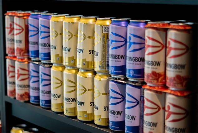 New Strongbow can packaging on a shelf showcasing the new NaviLens codes on the side.