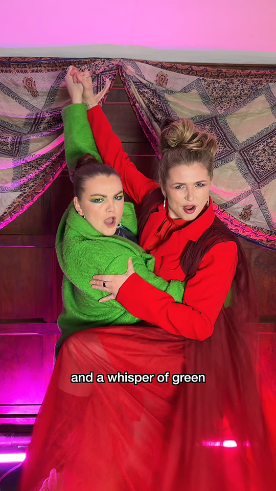 The two sisters are ballroom dancing in outfits inspired by the new Heinz pickle ketchup flavour.