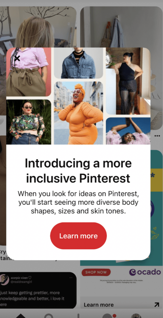 A screenshot of a Pinterest notification that says "Introducing a more inclusive Pinterest. When you look for ideas on Pinterest, you'll start seeing more diverse body shapes, sizes and skin tones."
