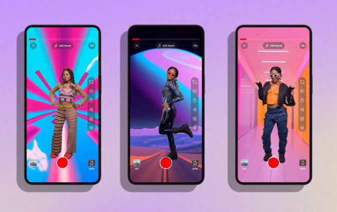 Three phone screens using creators with an AI-generated background behind them.