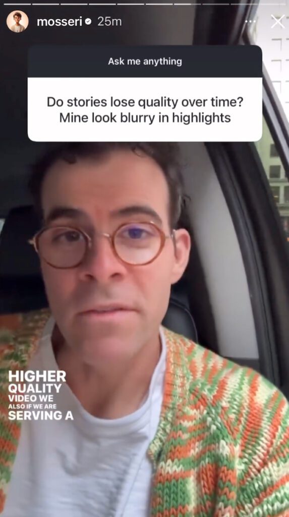 Mosseri's Instagram story where he answers the question as to why it appears that people's stories lose quality over time.
