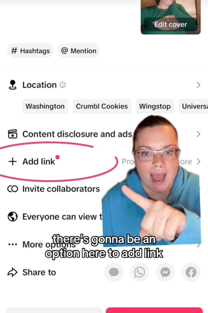 Screenshot of a TikTok where a woman is pointing to a button labelled 'Add Link' which refers to the product links feature. Caption reads: "There's gonna be an option here to add link."