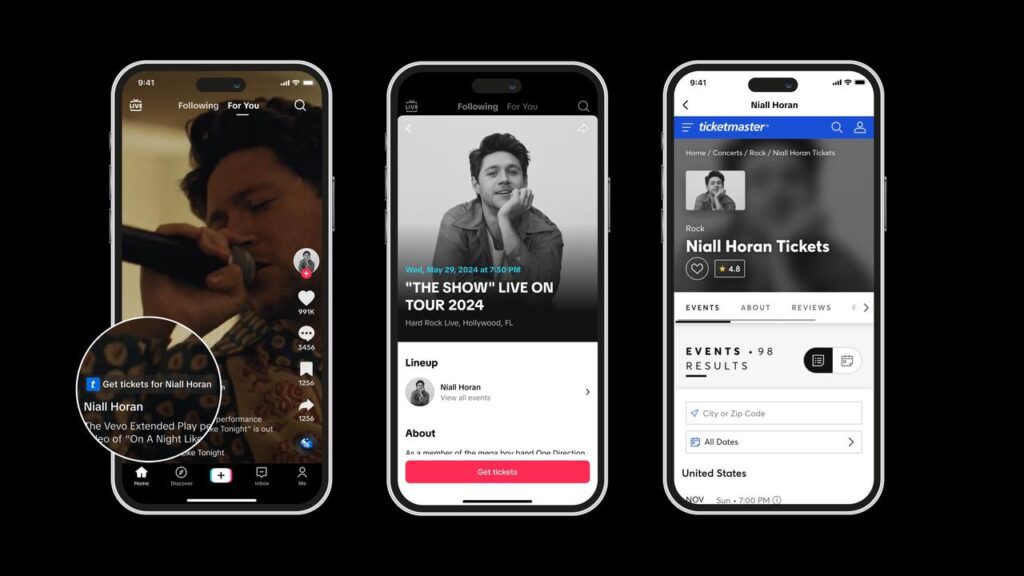 Three phone screens show new features on TikTok where you can get tickets of your favourite artists. The last two screens show the ticketmaster website and some ticket options for the Niall Horan tour.