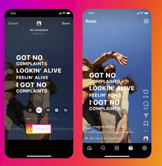 Two phone screens showing a reel on the Instagram app, with the new song lyrics feature on screen. 