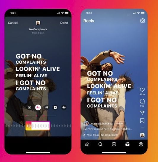 Two phone screens showing a reel on the Instagram app, with the new song lyrics feature on screen.