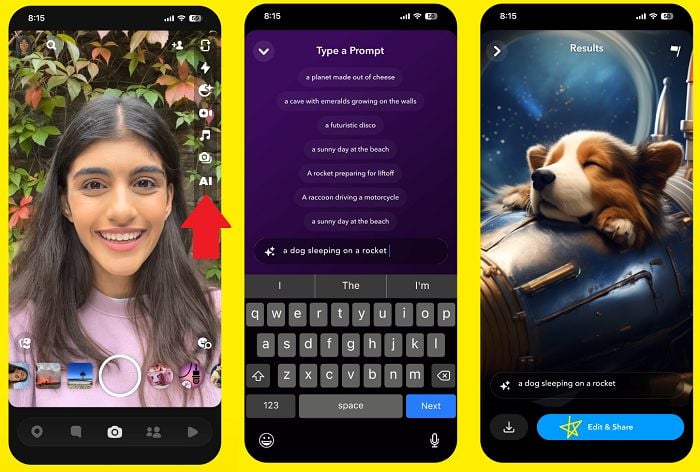 Three phone screens show some of the new AI features on the Snapchat app.