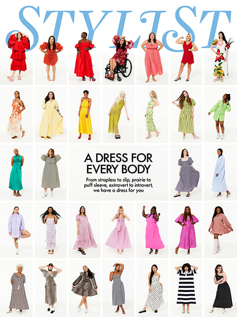 DressMagazine cover showcasing women of different backgrounds and intersectionalities modelling a rainbow of dresses. Text reads: "A Dress for Every Body. From strapless to slip, prairie to puff sleeve, extrovert to introvert, we have a dress for you."