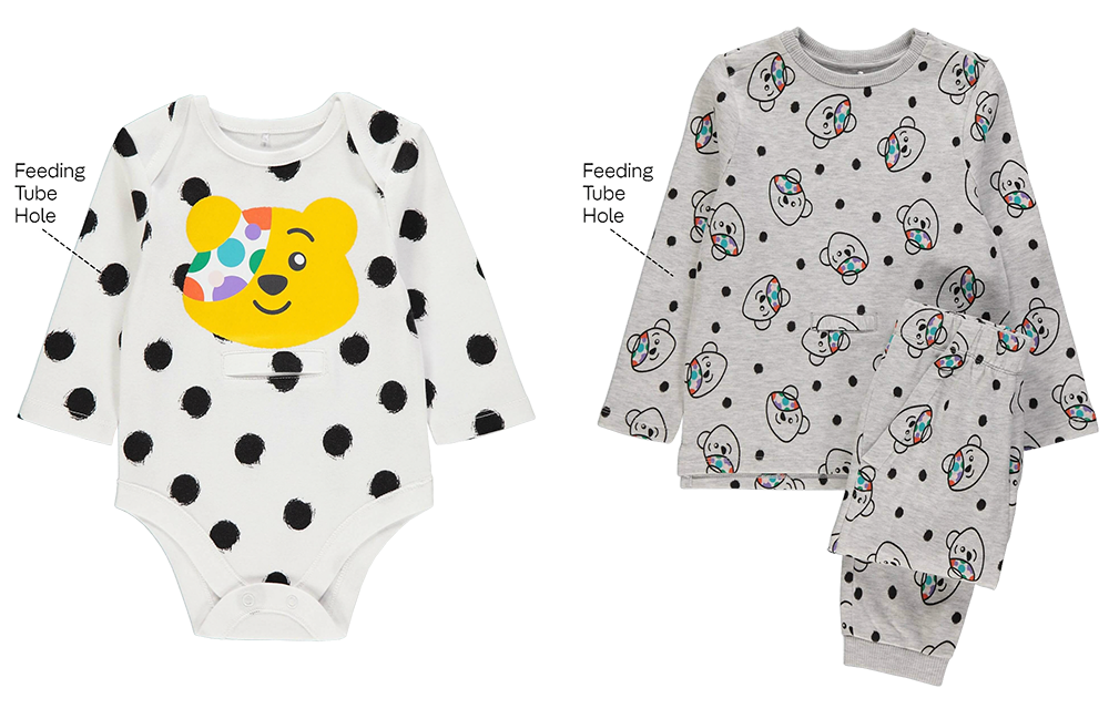 Two of the kids' items from the adaptive clothing collection, showing its adaptive features, a feeding tube hole.