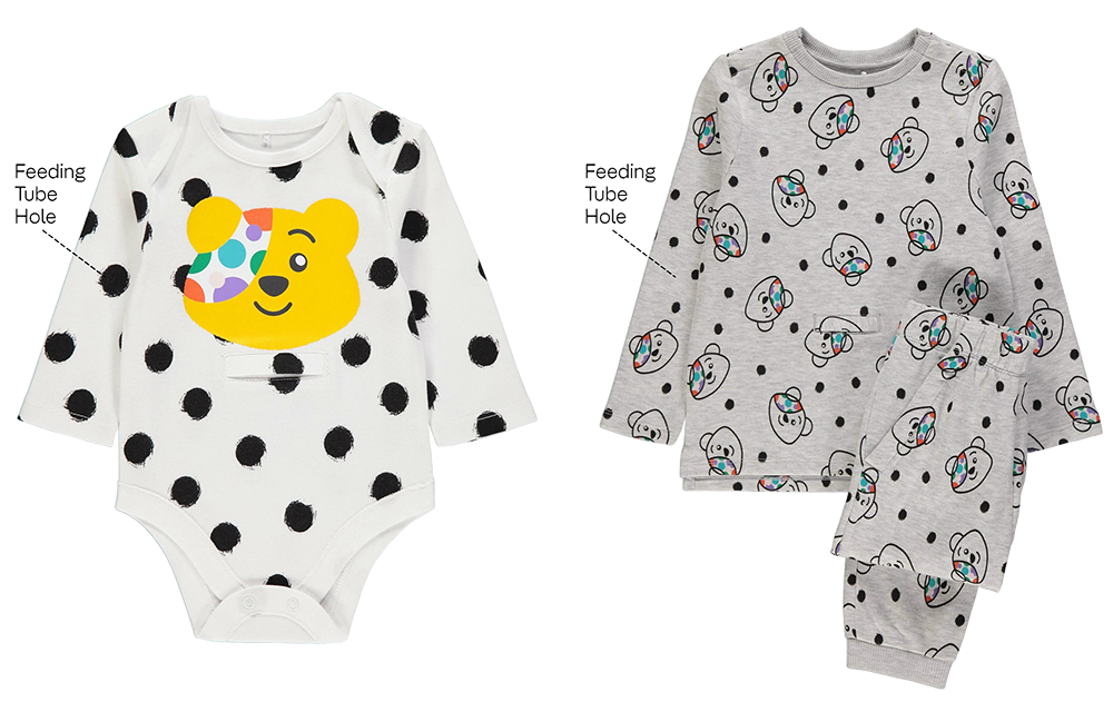 Two of the kids' items from the adaptive clothing collection, showing its adaptive features, a feeding tube hole.