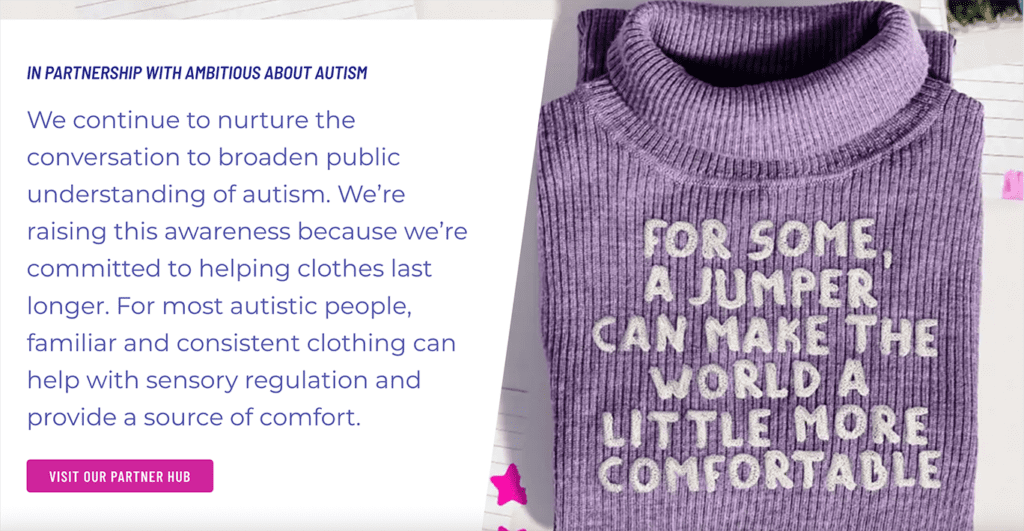 The vanish inclusive marketing campaign showing a jumper with 'for some, a jumper can make the world a little more comfortable' written on it, and text about their partnership with 'Ambitious About Autism' to the left. 