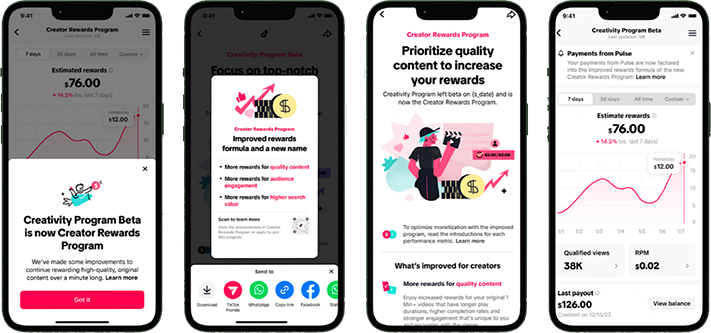 Four phone screens showing the different features of the new TikTok's Creator Reward Programme.