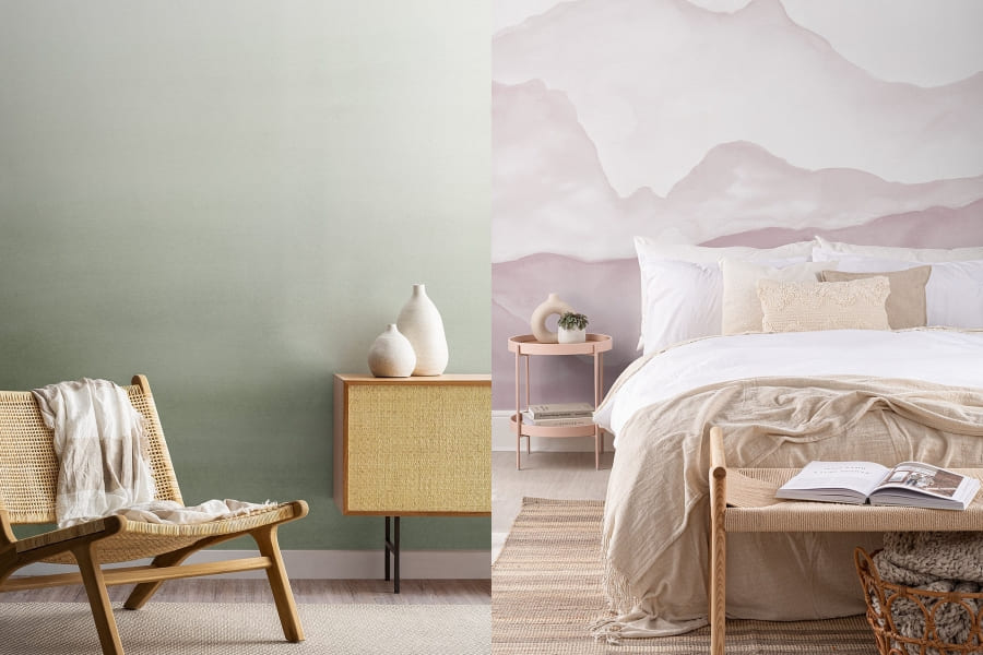 Two images showcasing sensory-friendly wallpapers created by Hovia, featuring a sage green and a marble pale pink one.