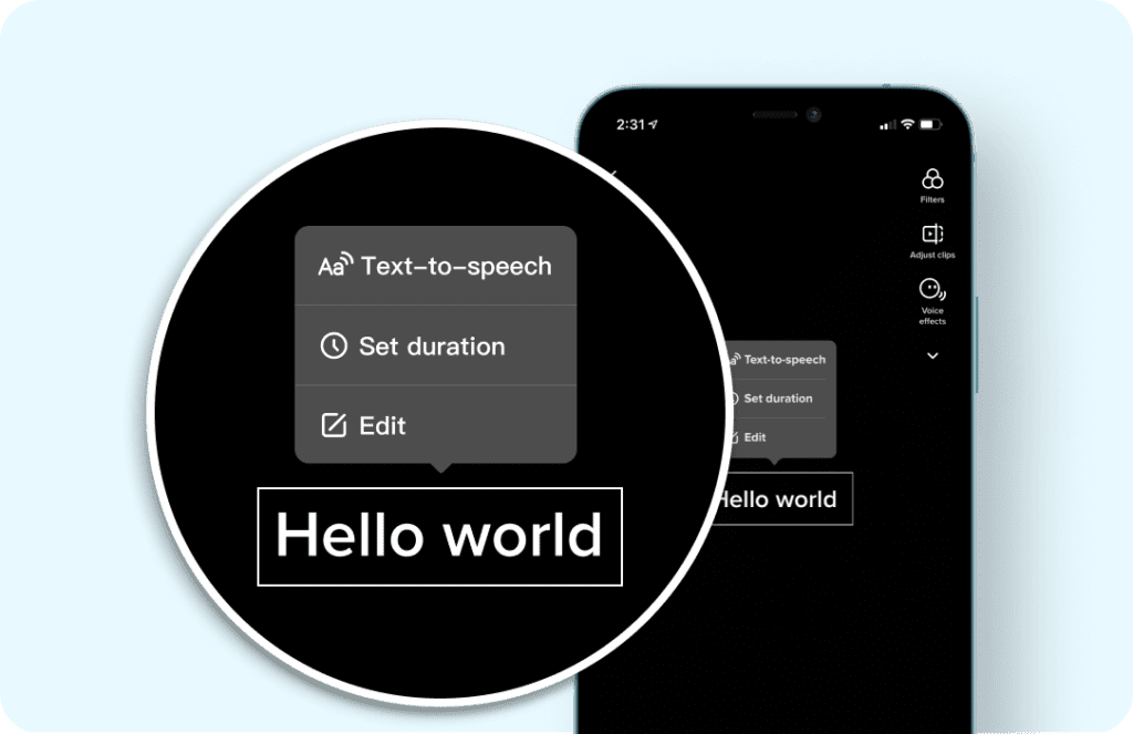 Phone displaying the Text to speech feature. The text 'Hello world' is highlighted and a 'Text-to-speech' option appears.