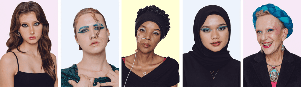 Five images of different people with makeup one, including people of different ethnicities, disabilities and age groups.