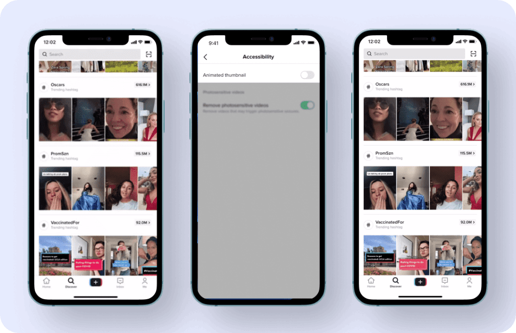 Three phone screens. The two on the outside show TikTok videos on a search page with static thumbnail images. The phone in the middle shows the accessibility section of the app where you can turn off animated thumbnails. 