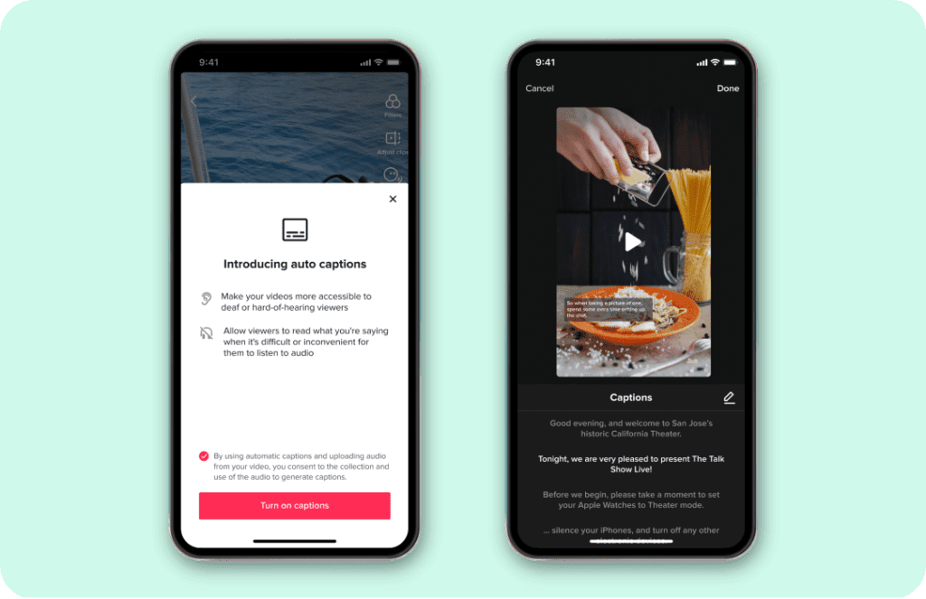 Two phone screens, one with a message displaying 'Introducing auto captions' and the other with a video still and the auto generated captions underneath. 