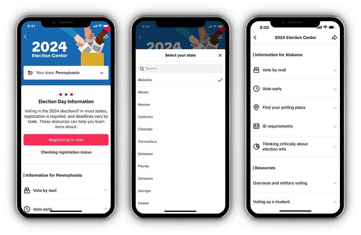 Three phone screens showing the new features on TikTok to help users safely vote for the 2024 elections.