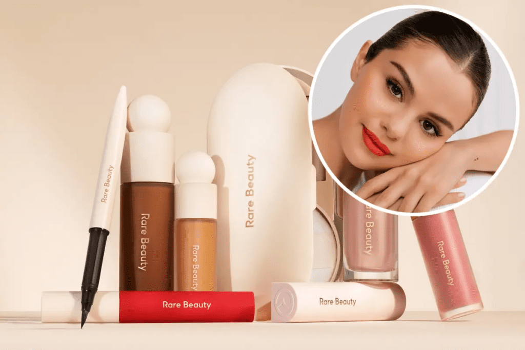 An image showcasing some of the different products that Rare Beauty offers, with their accessible packaging. On the right, a picture of Selene Gomez, a white brunette girl.