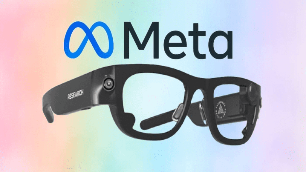An image of Meta's AR prototype glasses, they look like some normal black sunglasses, with some tiny cameras on each side.