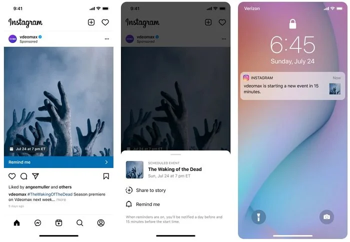 Three phone screens showing different stages of the reminder ads feature on Instagram.