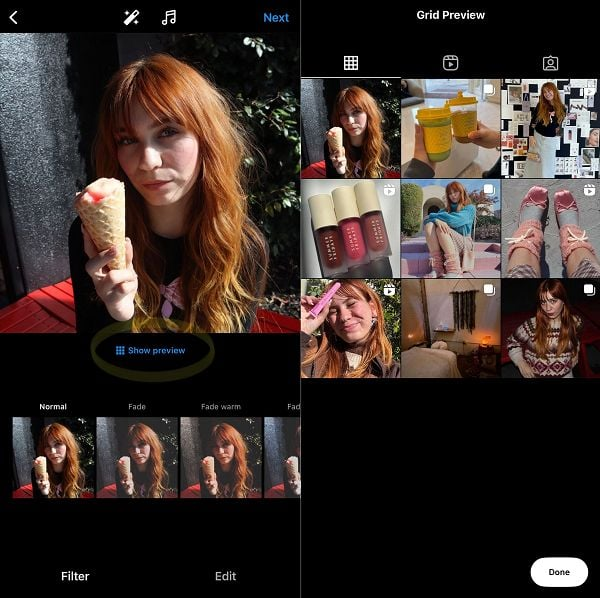 Two phone screens showing the new Instagram feature where users can see a 'show preview' button before posting a picture. On the right, you can see the picture on the profile grid. 