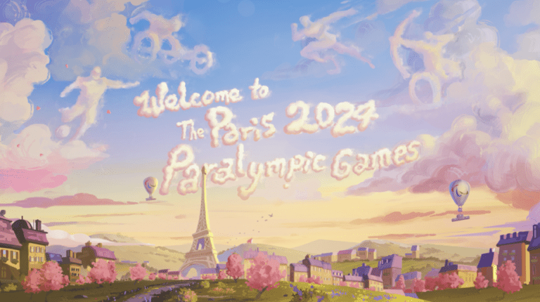 A whimsical illustration of Paris during the Paralympics with the text: "Welcome to the Paris 2024 Paralympic Games," written in the clouds.