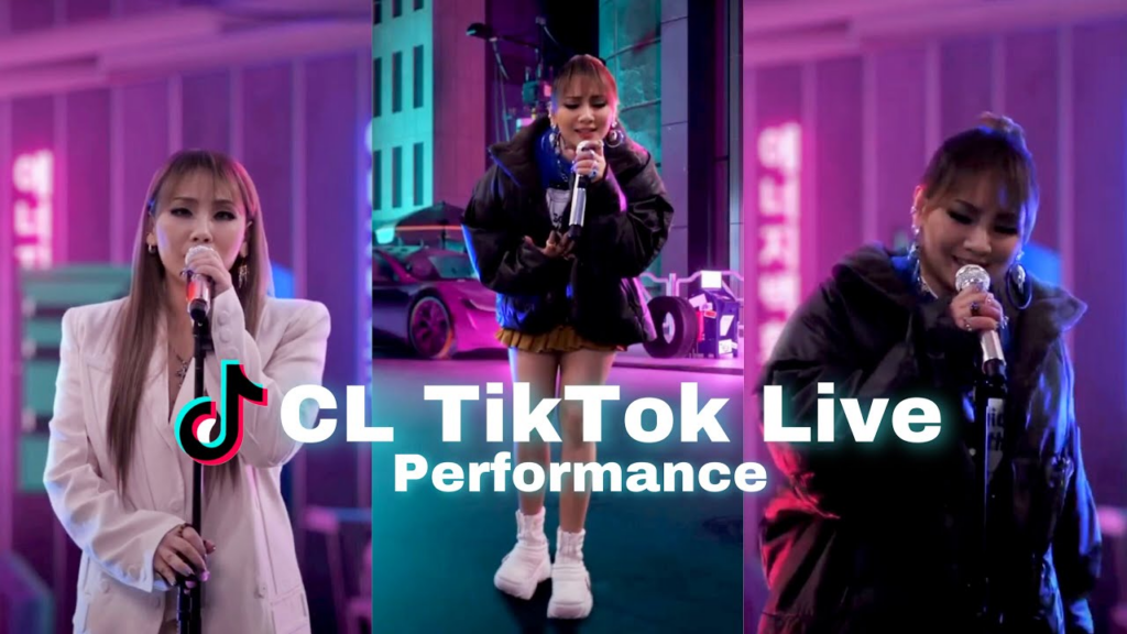 Three images next to each other of an Asian woman singing with an AI background behind her. There is some text that says 'CL TikTok Live Performance' and the TikTok's logo next to it.
