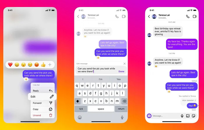 Three phone screens showing the new 'edit' feature for DMs on Instagram. You can access to it by clicking on a message, then it can be seen as 'edited' in the conversation.
