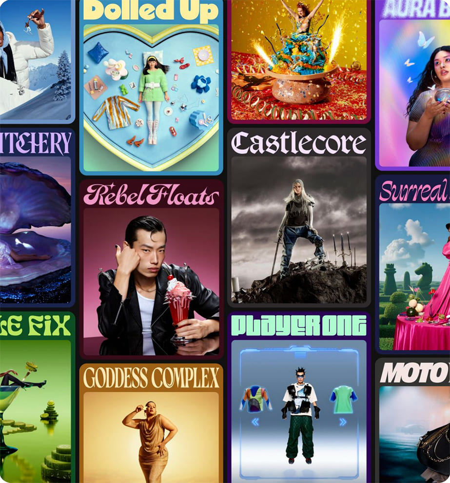 A tiled layout of Pinterest's trend predictions for 2025. Labels include 'Rebel Floats,' 'Castlecore,' and 'Player One.' Each is accompanied by their own bespoke photograph.