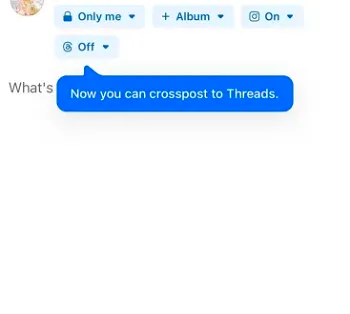 A screen showing the new Meta feature. When writing a text post on Facebook, there's a button that you can turn on and off to also share the content on Threads.